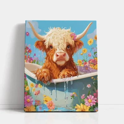 Highland Calf in Bathtub with Flowers paint by numbers for adults DIY painting kit