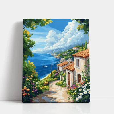 Hillside by the Blue Sea paint by numbers for adults DIY painting kit