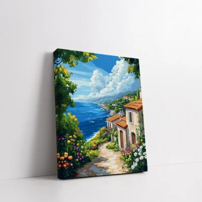 Framed Hillside by the Blue Sea paint by numbers coastal hillside wall art