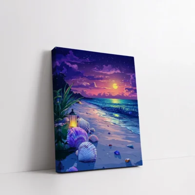 Framed Moonlit Beach with Shells paint by numbers coastal wall art
