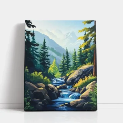 Mountain Stream in Pine Forest paint by numbers for adults DIY painting kit