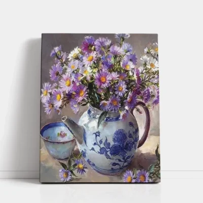 Purple Wildflowers in Vintage Teapot paint by numbers for adults DIY painting kit