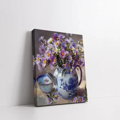 Framed Purple Wildflowers in Vintage Teapot paint by numbers floral wall art