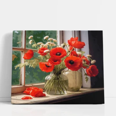 Red Poppies in a Glass Vase by the Window paint by numbers for adults DIY painting kit