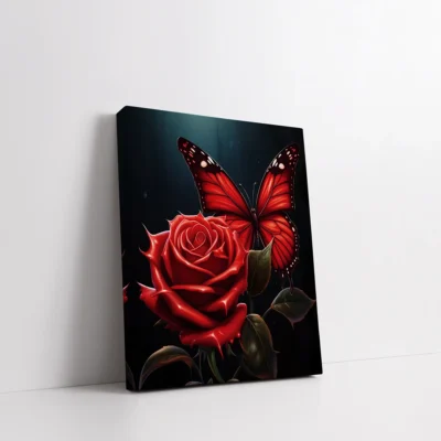 Framed Red Rose with Butterfly paint by numbers floral wall art