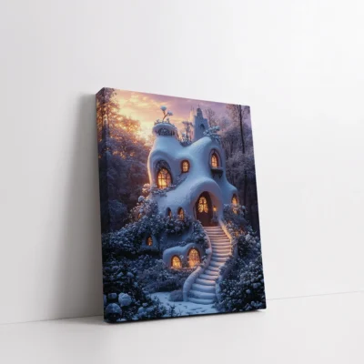 Framed Snowy Fairy Cottage paint by numbers winter wall art
