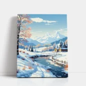 Snowy Mountain Cabin & Frozen Stream paint by numbers for adults DIY painting kit
