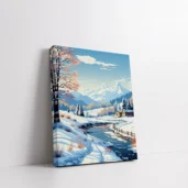 Framed Snowy Mountain Cabin & Frozen Stream paint by numbers winter cabin wall art
