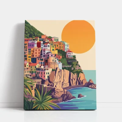 Sun Over the Coastal Village paint by numbers for adults DIY painting kit