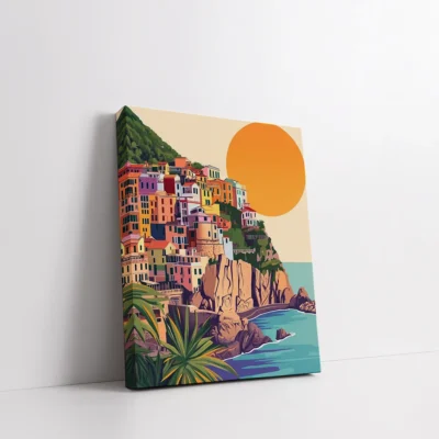 Framed Sun Over the Coastal Village paint by numbers coastal village wall art