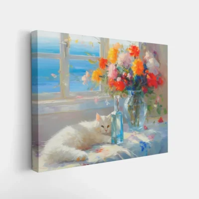 Framed Sunlit Vase and Cat by the Window paint by numbers cozy cat wall art