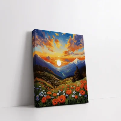 Framed Sunset Over the Flowered Valley paint by numbers floral sunset wall art