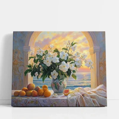 White Blossoms by the Sea Arch paint by numbers for adults DIY painting kit