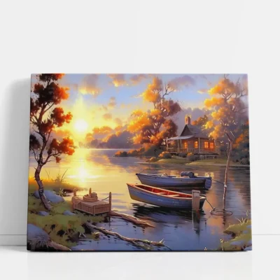 Boats at sunset by the lake cabin paint by numbers for adults
