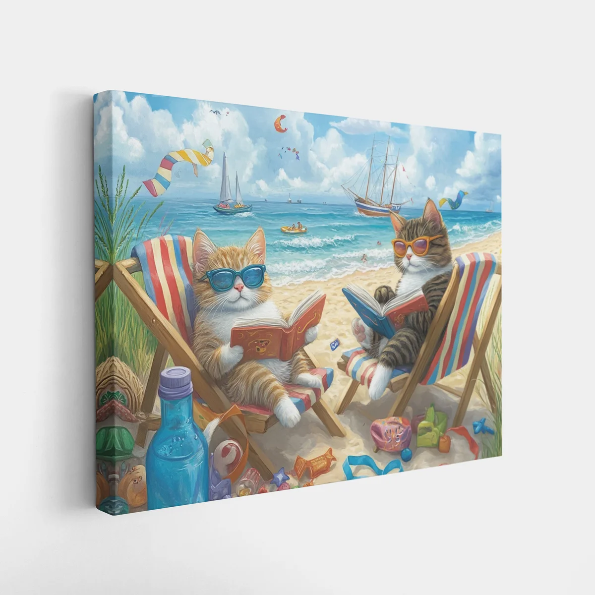 Cats-Reading-on-the-Beach-2 Cat beach scene paint by numbers DIY wall art