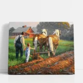 Farmer and child plowing the field paint by numbers for adults