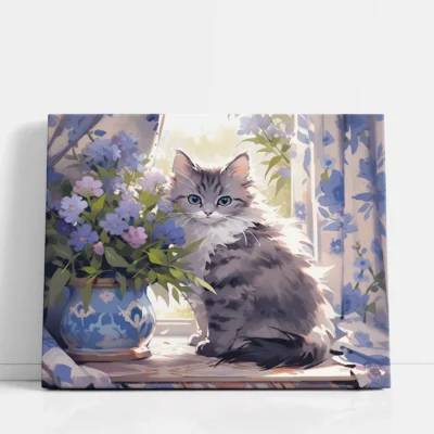 Fluffy cat beside blue floral vase paint by numbers for adults