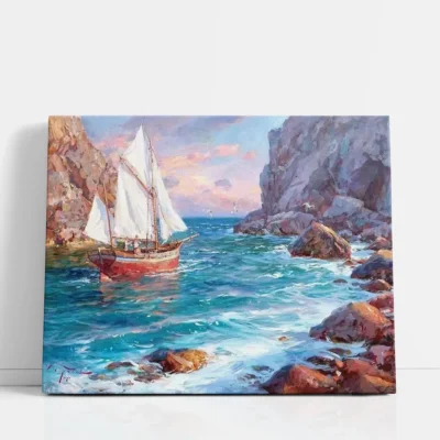 Sailboat Between Rocky Cliffs paint by numbers for adults DIY painting kit