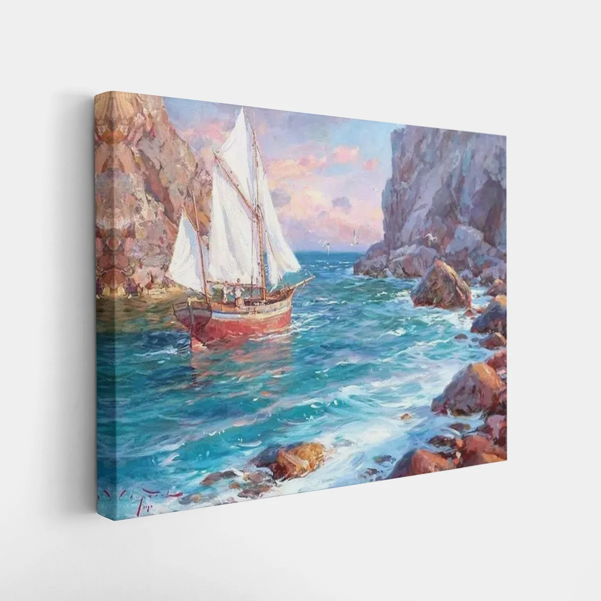Sailboat-Between-Rocky-Cliffs-2 Sailboat Between Rocky Cliffs coastal landscape paint by numbers wall art