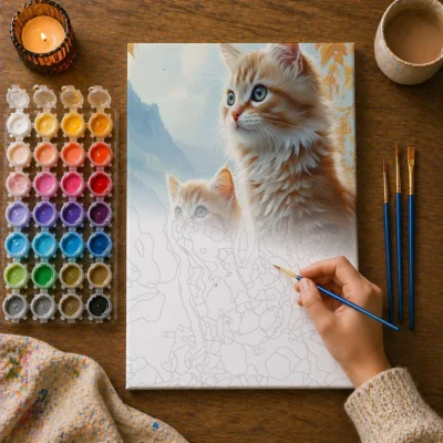 Little Kitten with Mama Cat On A Tree Paint By Numbers For Adults