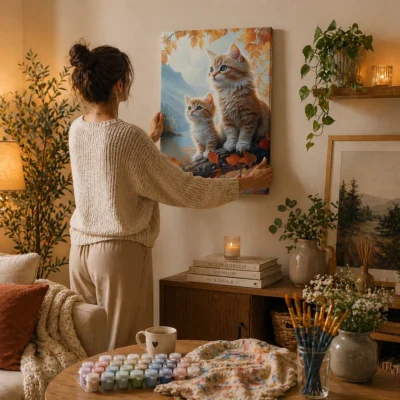 Little Kitten with Mama Cat On A Tree Paint By Numbers For Adults