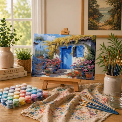 Blue cottage with flowers Paint By Numbers For Adults