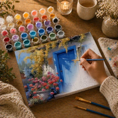 Blue cottage with flowers Paint By Numbers For Adults