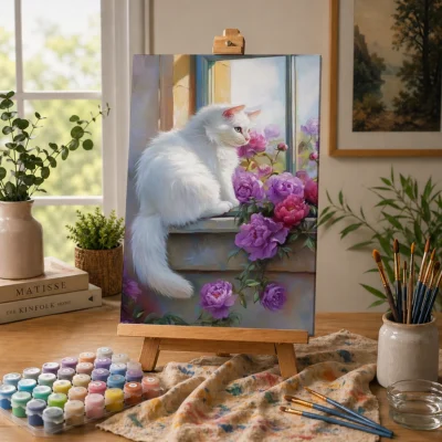 Cat by Window In Flowers Paint By Numbers For Adults