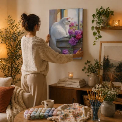 Cat by Window In Flowers Paint By Numbers For Adults