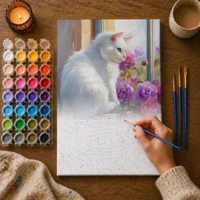 Cat by Window In Flowers Paint By Numbers For Adults