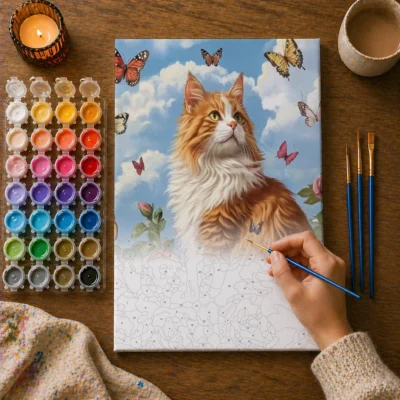 Cat with Butterflies & In Roses Paint By Numbers For Adults