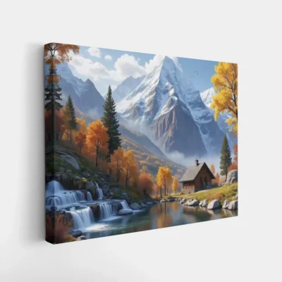 Mountain cabin and waterfall Paint By Numbers For Adults