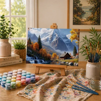 Mountain cabin and waterfall Paint By Numbers For Adults
