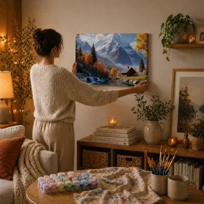 Mountain cabin and waterfall Paint By Numbers For Adults