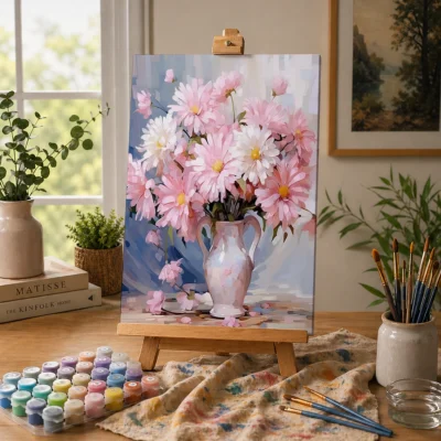 Pink flowers in vase Paint By Numbers For Adults