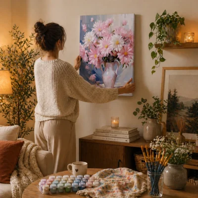 Pink flowers in vase Paint By Numbers For Adults