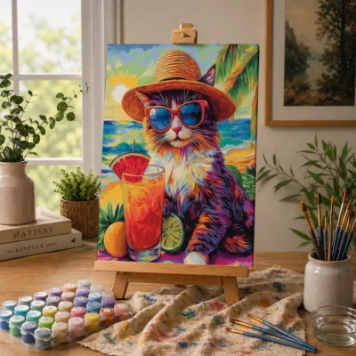 Beach Cat's Tropical Escape Paint By Numbers For Adults