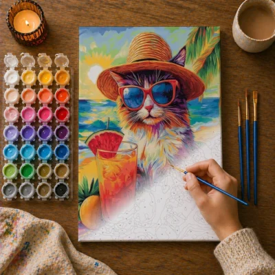 Beach Cat's Tropical Escape Paint By Numbers For Adults