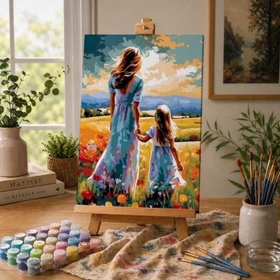 Mother and daughter in a flower meadow Paint By Numbers For Adults