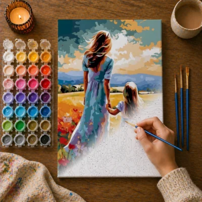 Mother and daughter in a flower meadow Paint By Numbers For Adults