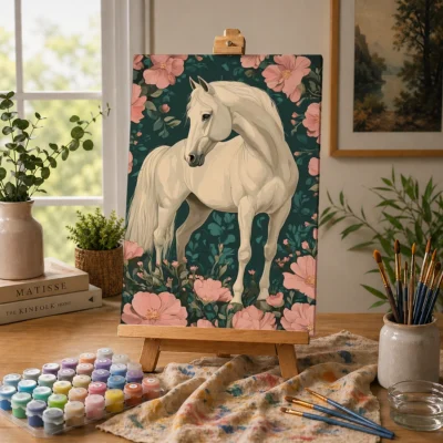 White Horse Among Blushing Blossoms Paint By Numbers For Adults