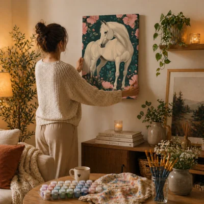 White Horse Among Blushing Blossoms Paint By Numbers For Adults