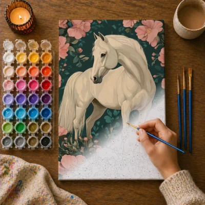 White Horse Among Blushing Blossoms Paint By Numbers For Adults